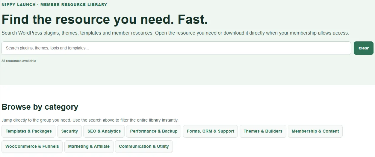 Nippy Launch Resource Library Nippy Launch Resource Library showing current WordPress resources